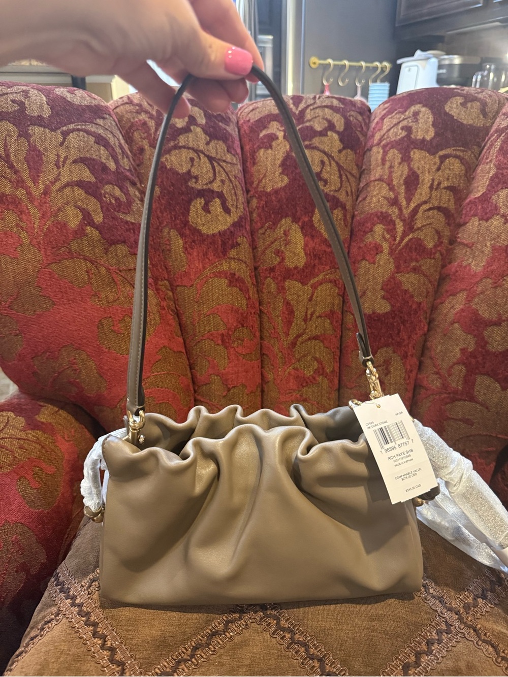 COACH Taupe Gathered Leather Shoulder Bag with Gold Logo - Picture 2 of 10